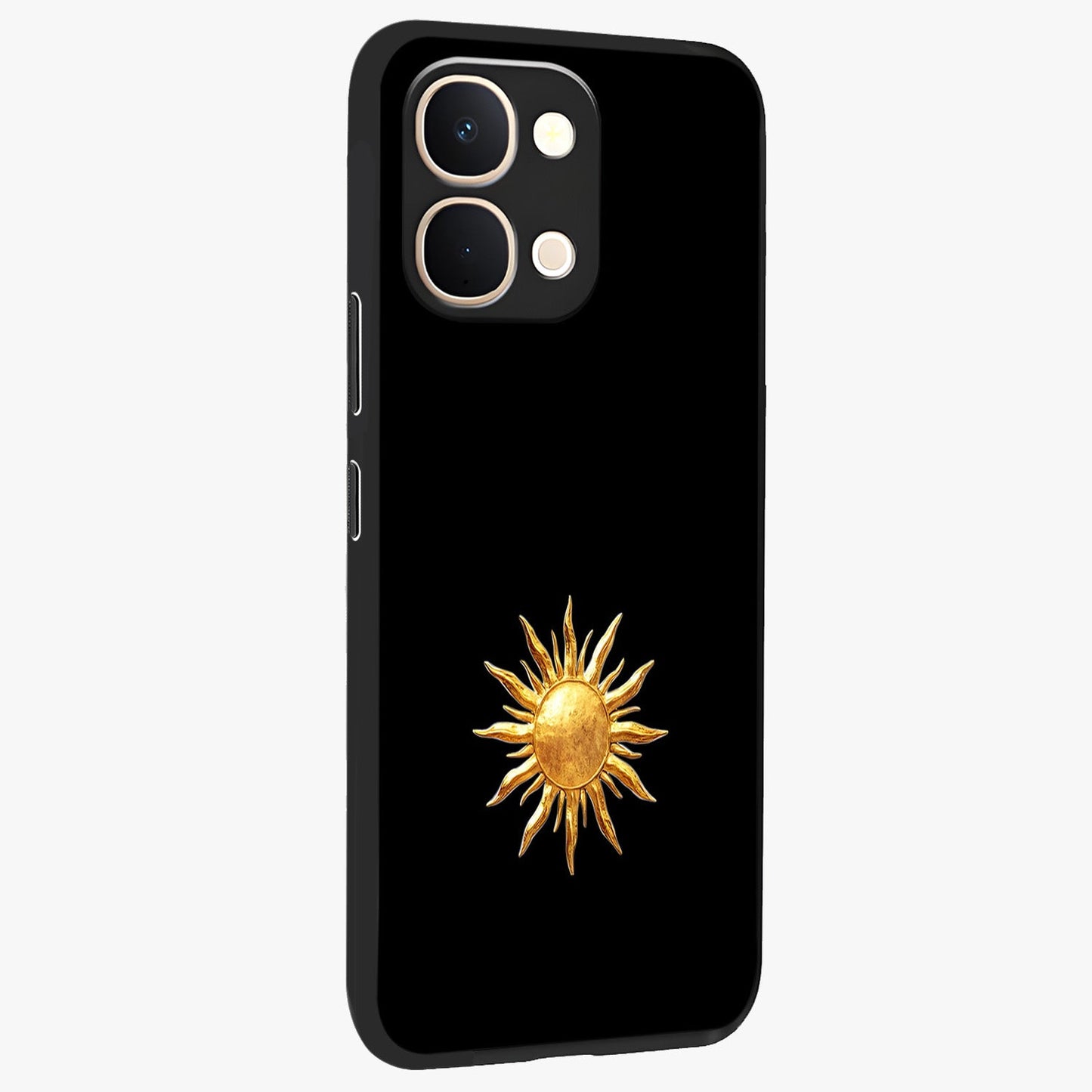 Golden Sun Minimalism Glass Case upright view showcasing haunting graveyard artwork with dramatic dark theme.