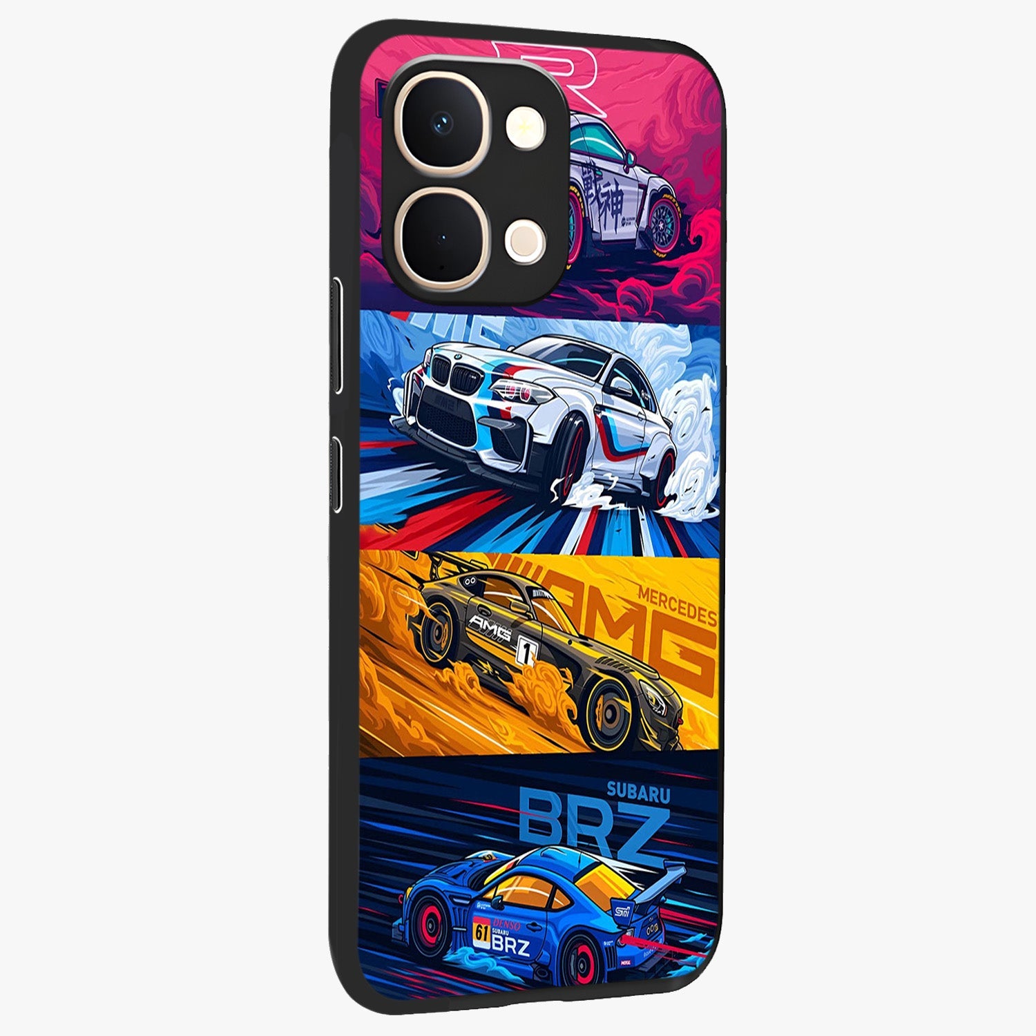 JDM Sports Car Glass Case upright view showcasing dynamic sports car artwork with bold racing theme.
