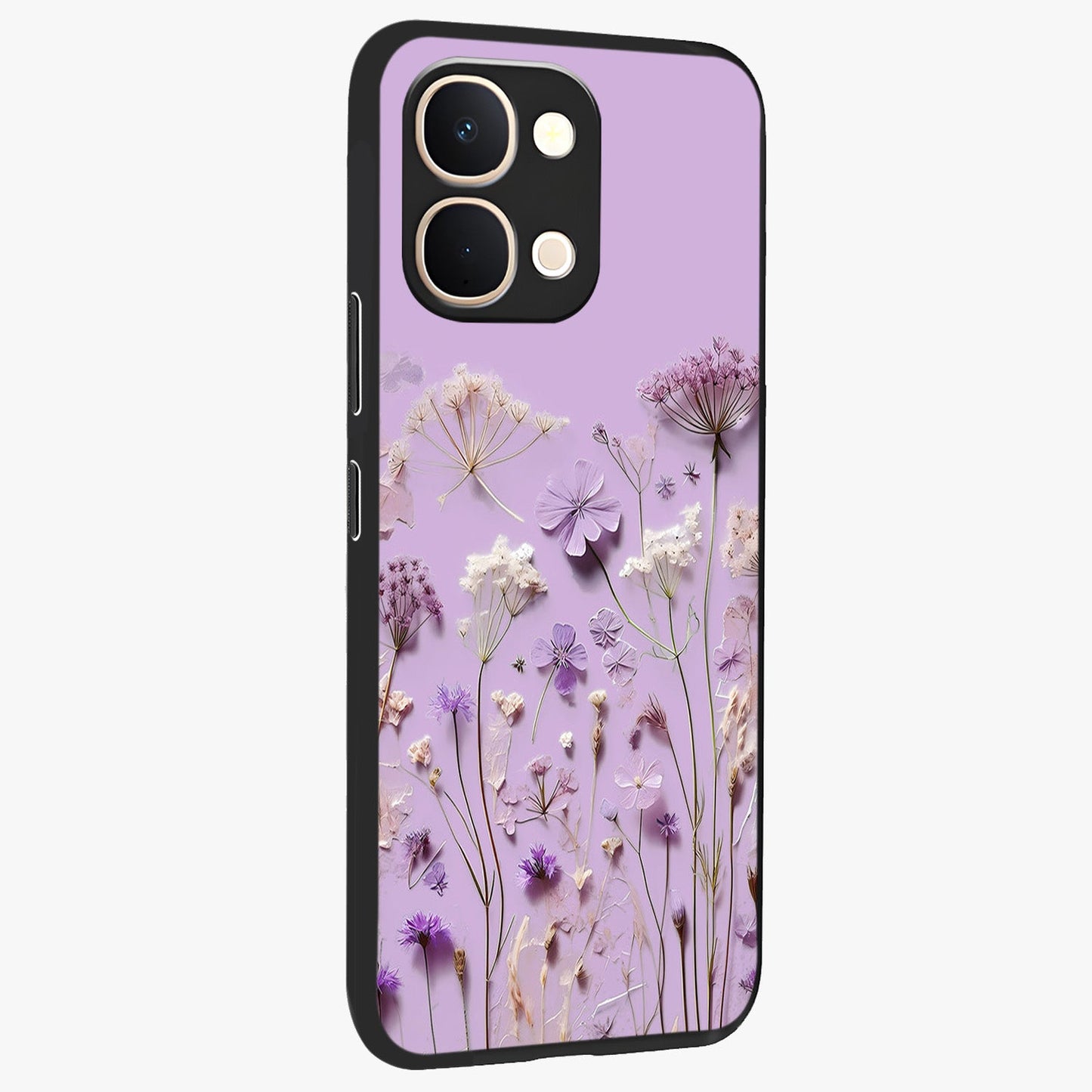 Lavender Blossom Dream Glass Case upright view showcasing delicate lavender blossom artwork with peaceful floral theme.