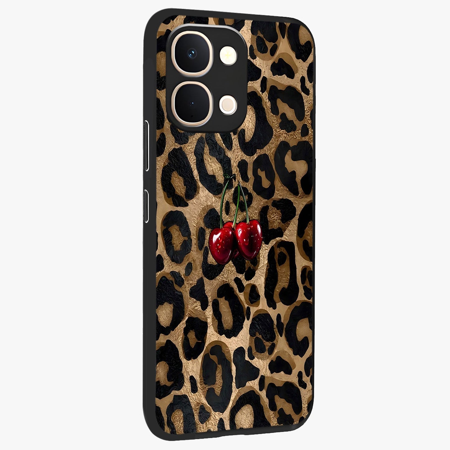 Leopard Wild Cherry Glass Case upright view showcasing stylish leopard pattern artwork with trendy fashion theme.