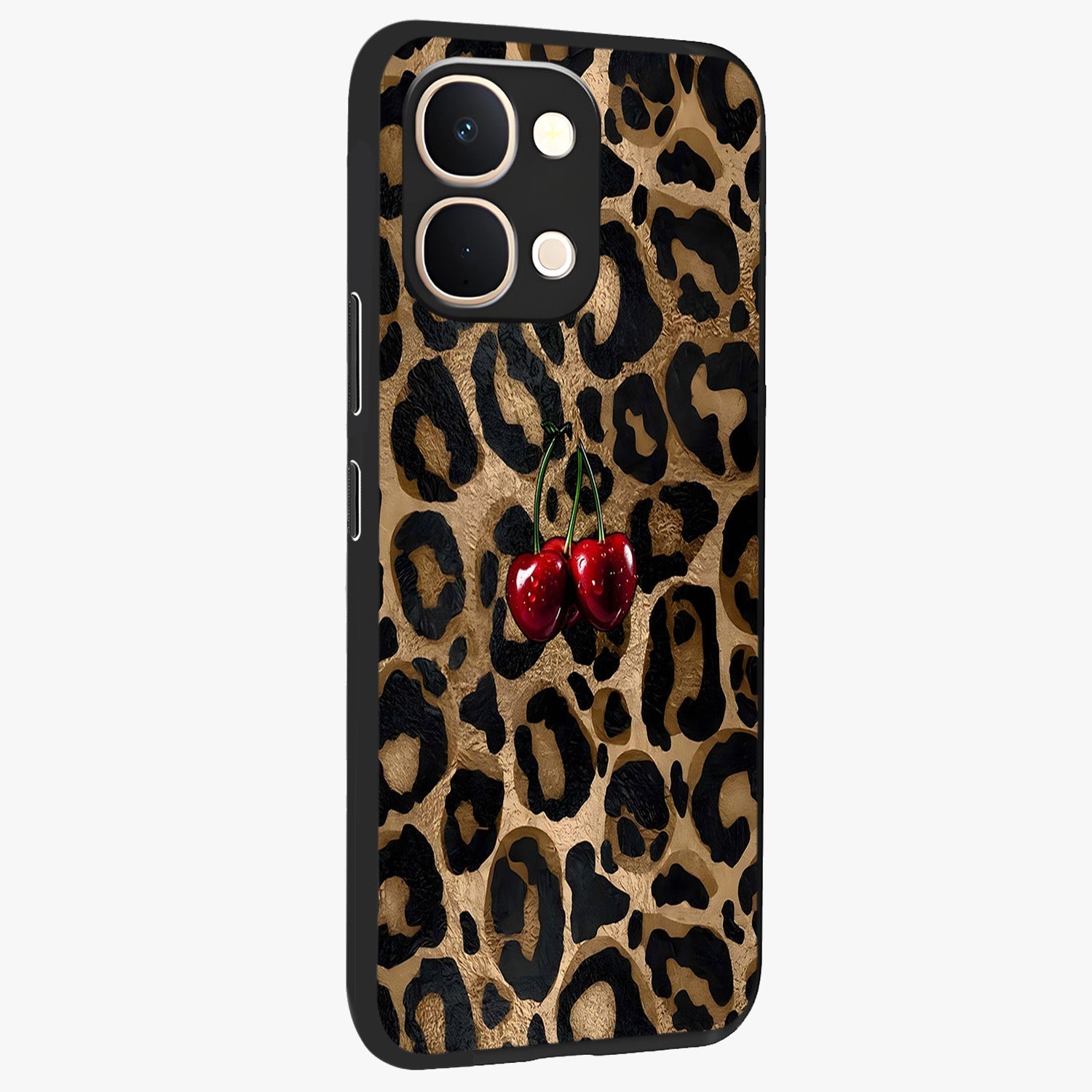 Leopard Wild Cherry Glass Case upright view showcasing stylish leopard pattern artwork with trendy fashion theme.