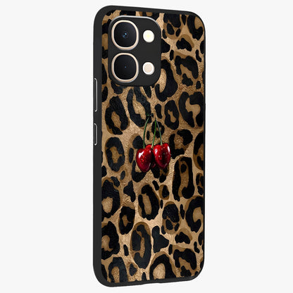 Leopard Wild Cherry Glass Case upright view showcasing stylish leopard pattern artwork with trendy fashion theme.
