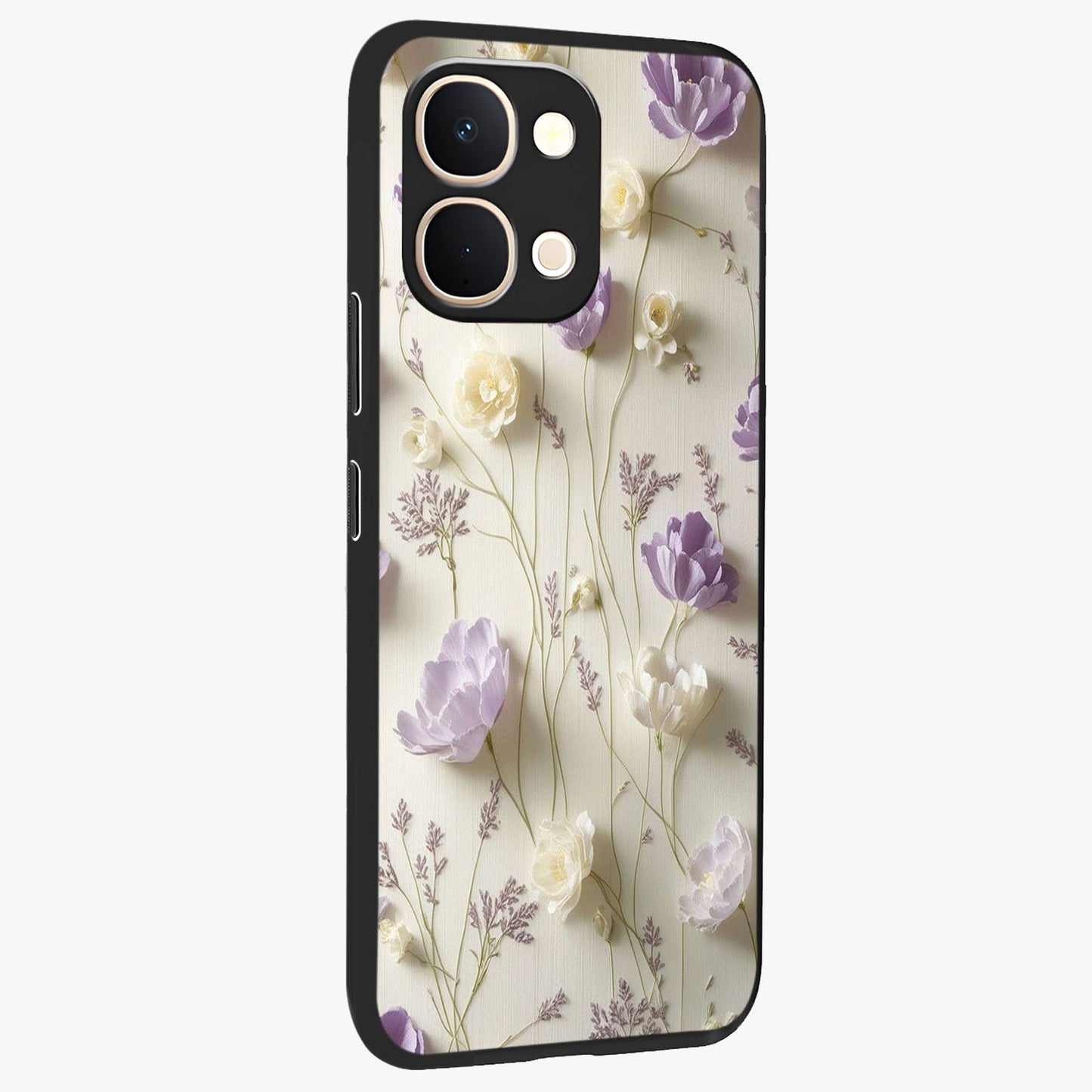 Lilac Breeze Harmony Glass Case upright view showcasing delicate lilac artwork with peaceful floral theme.