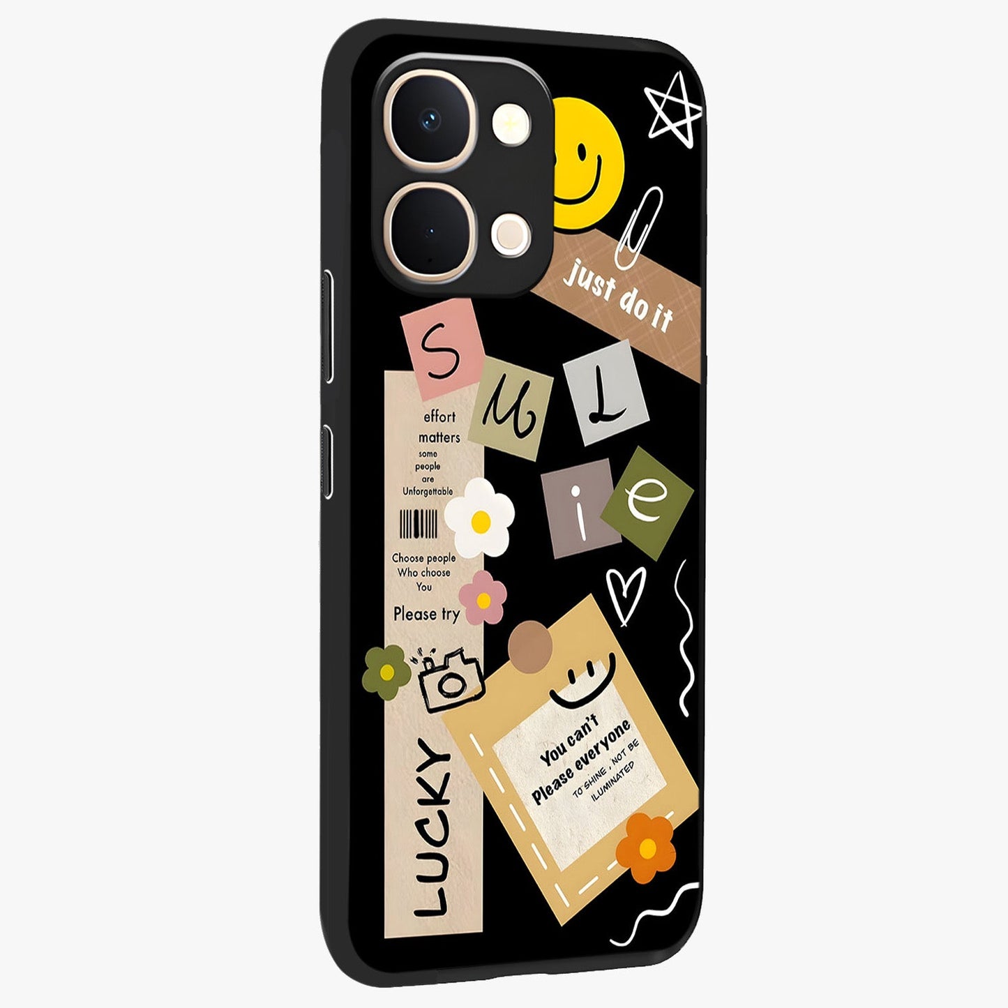 Lucky Aesthetic Collage Glass Case upright view showcasing vibrant collage artwork with youthful aesthetic theme.