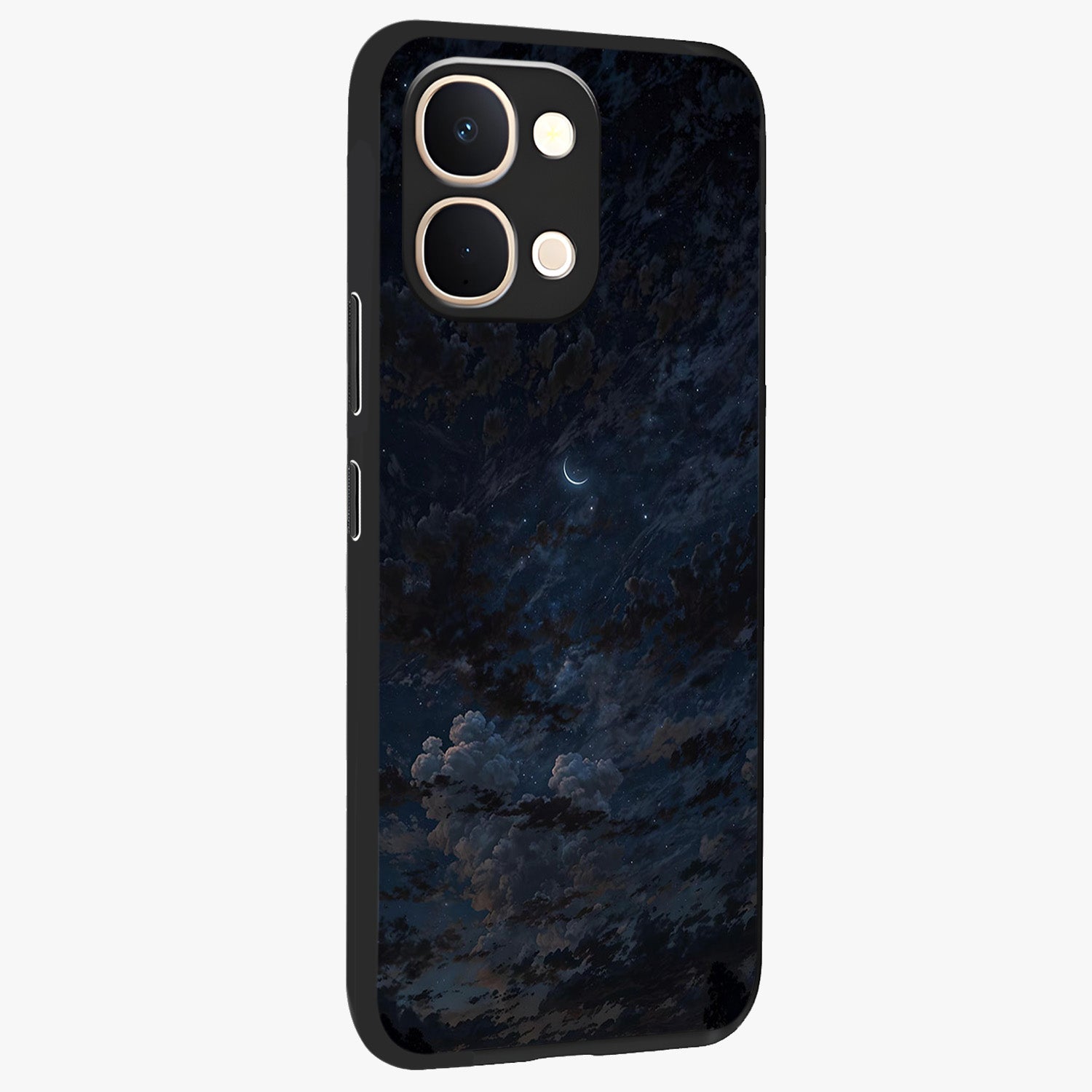 Lunar Veil Silence Glass Case upright view showcasing calm moon themed artwork with serene night atmosphere.