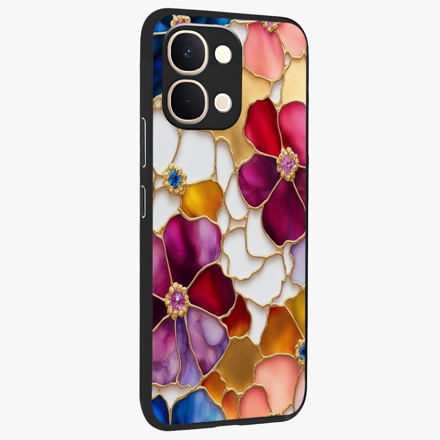 Marble Flower Pattern Glass Case upright view showcasing decorative marble flower artwork with refined style.
