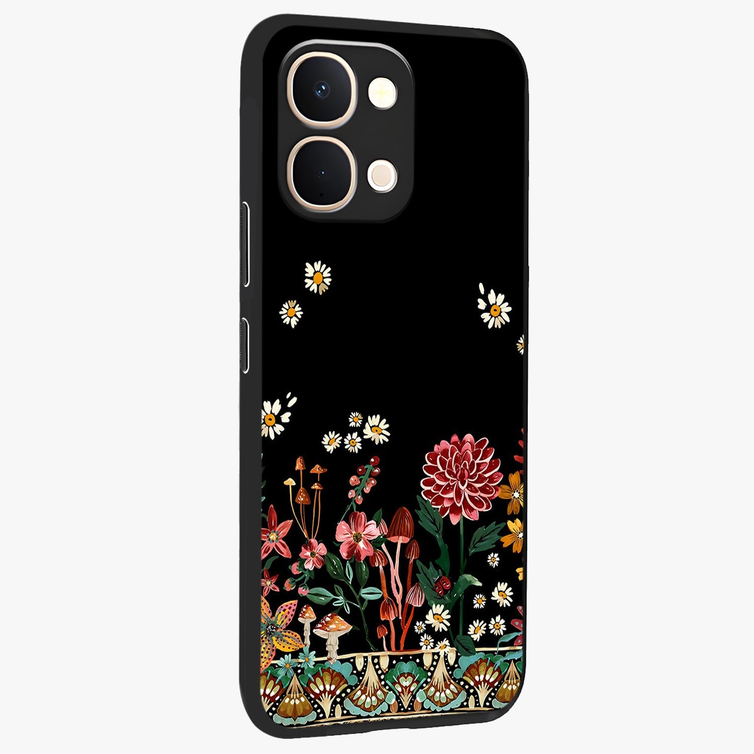 Midnight Bloom Pattern Glass Case upright view showcasing decorative floral artwork with deep night themed palette.