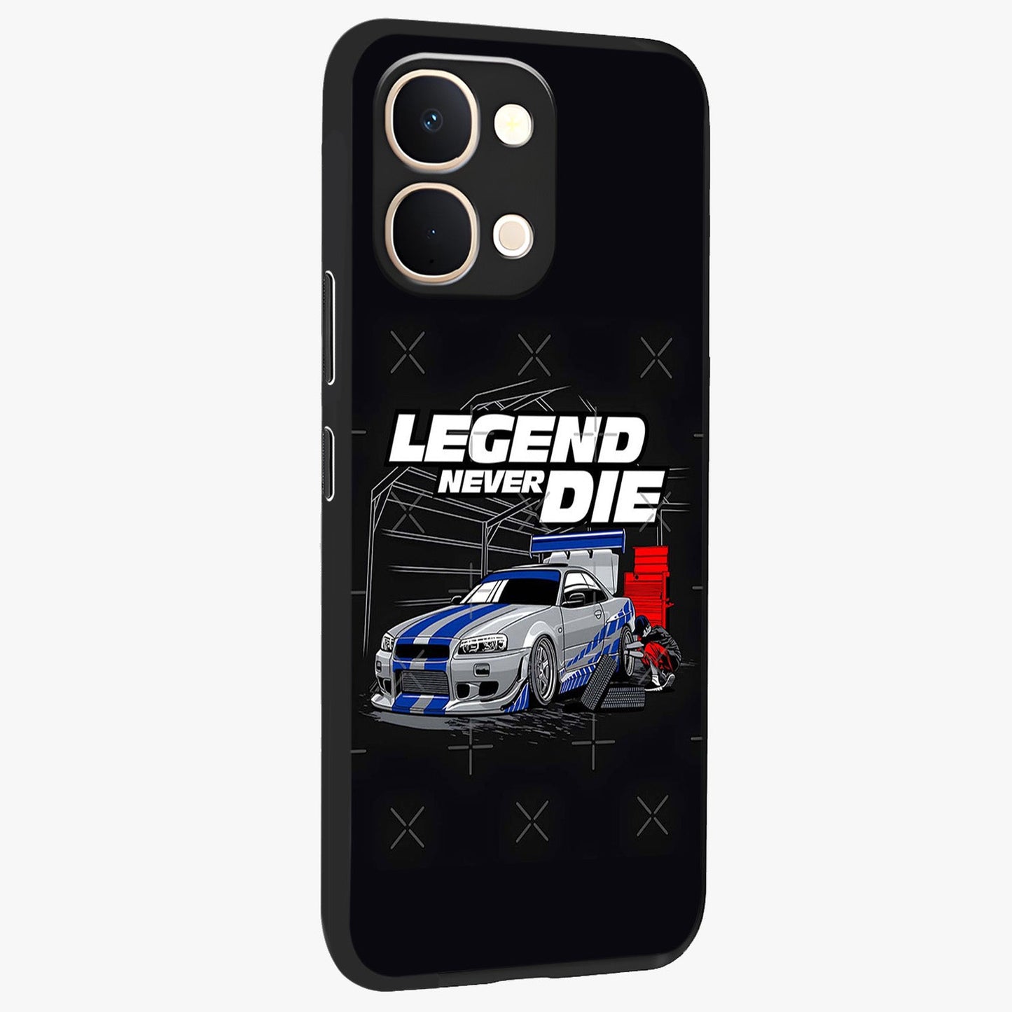 Midnight Racing Legacy Glass Case upright view showcasing powerful racing artwork with modern sports theme.