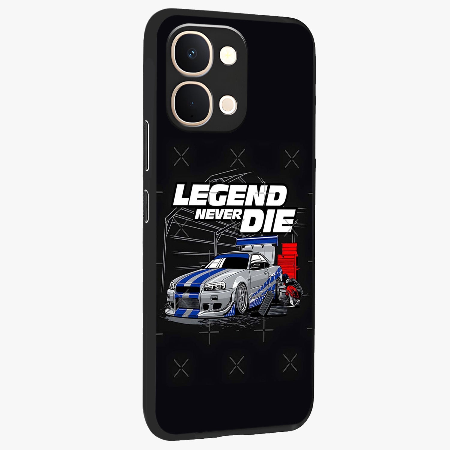 Midnight Racing Legacy Glass Case upright view showcasing powerful racing artwork with modern sports theme.