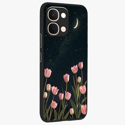 Midnight Tulip Whispers Vibe Glass Case upright view showcasing graceful tulip artwork with calm botanical theme.