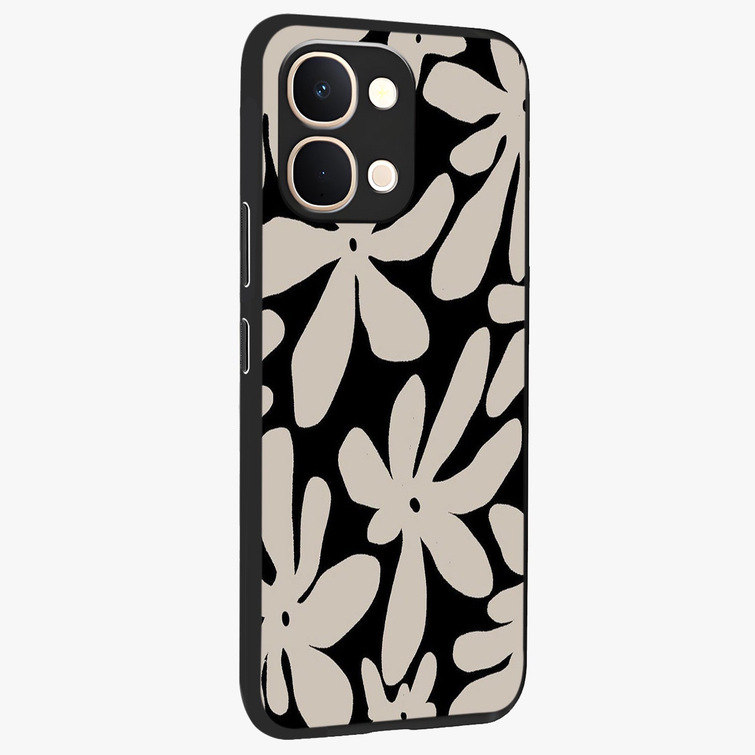 Monochrome Petal Dance Glass Case upright view showcasing artistic floral pattern with stylish monochrome theme.