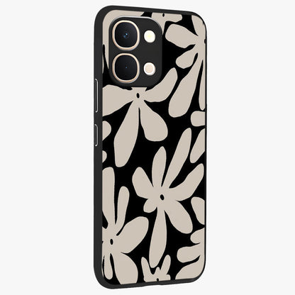 Monochrome Petal Dance Glass Case upright view showcasing artistic floral pattern with stylish monochrome theme.