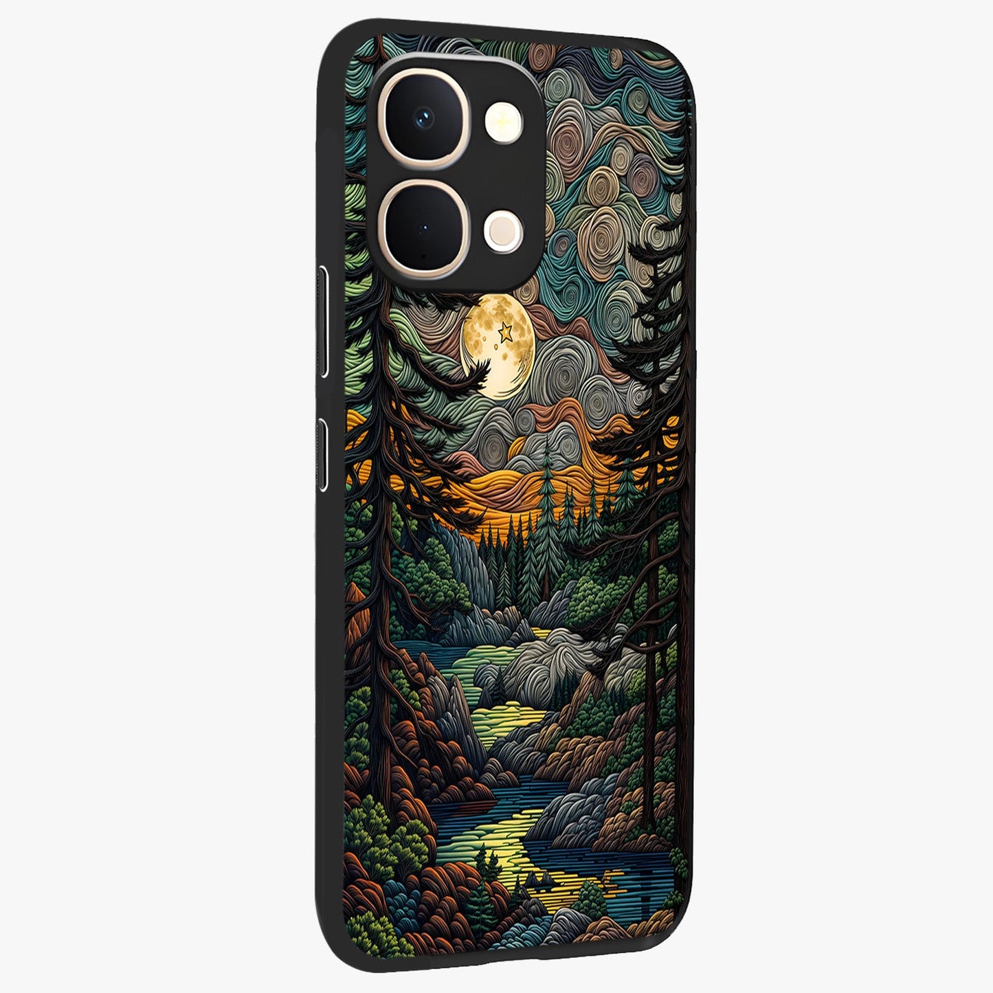 Moonlight Forest Dream Glass Case upright view showcasing magical forest artwork with calm night theme.