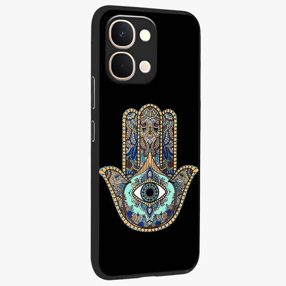 Mystic Hamsa Eye Glass Case upright view showcasing detailed hamsa eye artwork with protective spiritual theme.