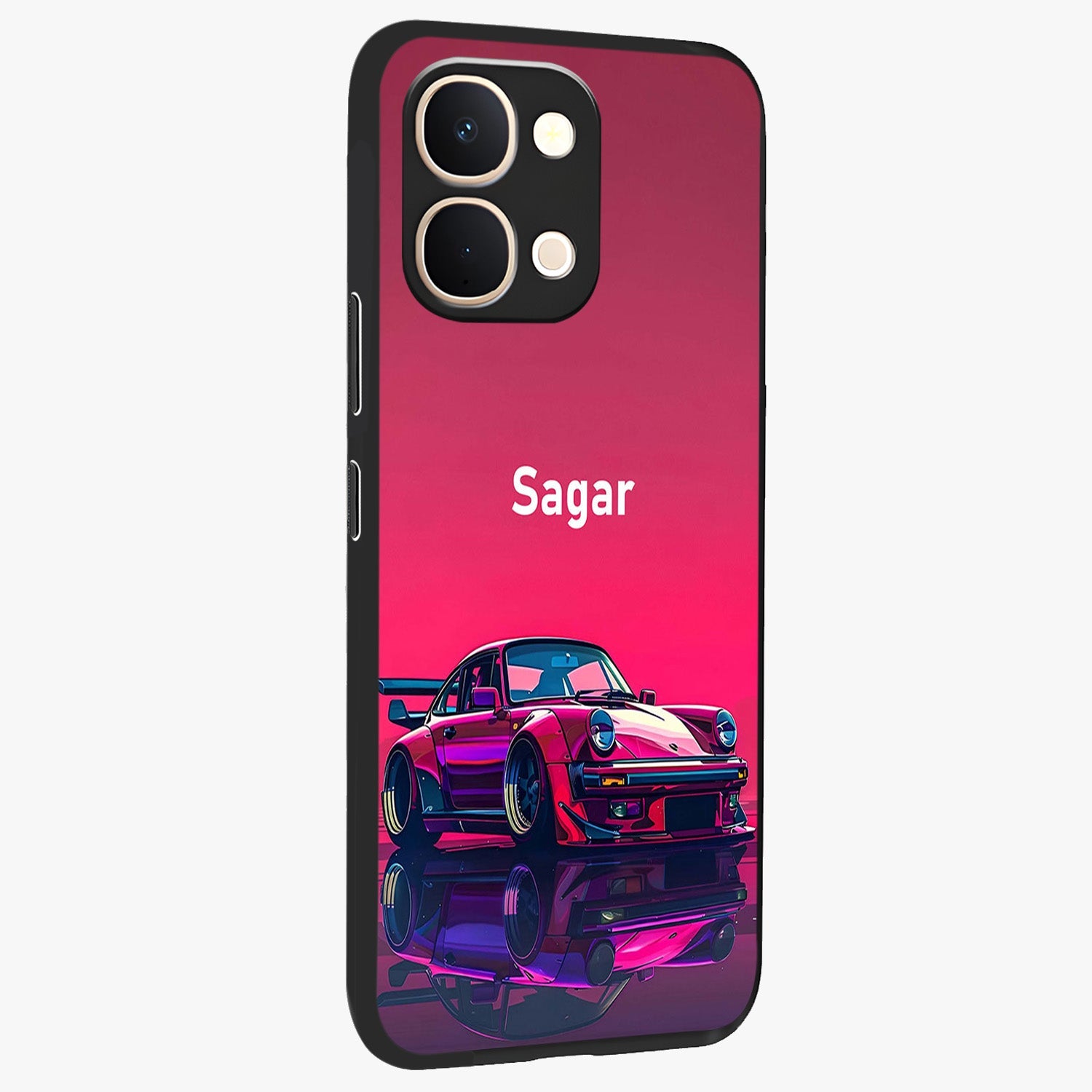 Neon Pink Porsche Glass Case upright view showcasing vibrant sports car artwork with bold automotive theme.
