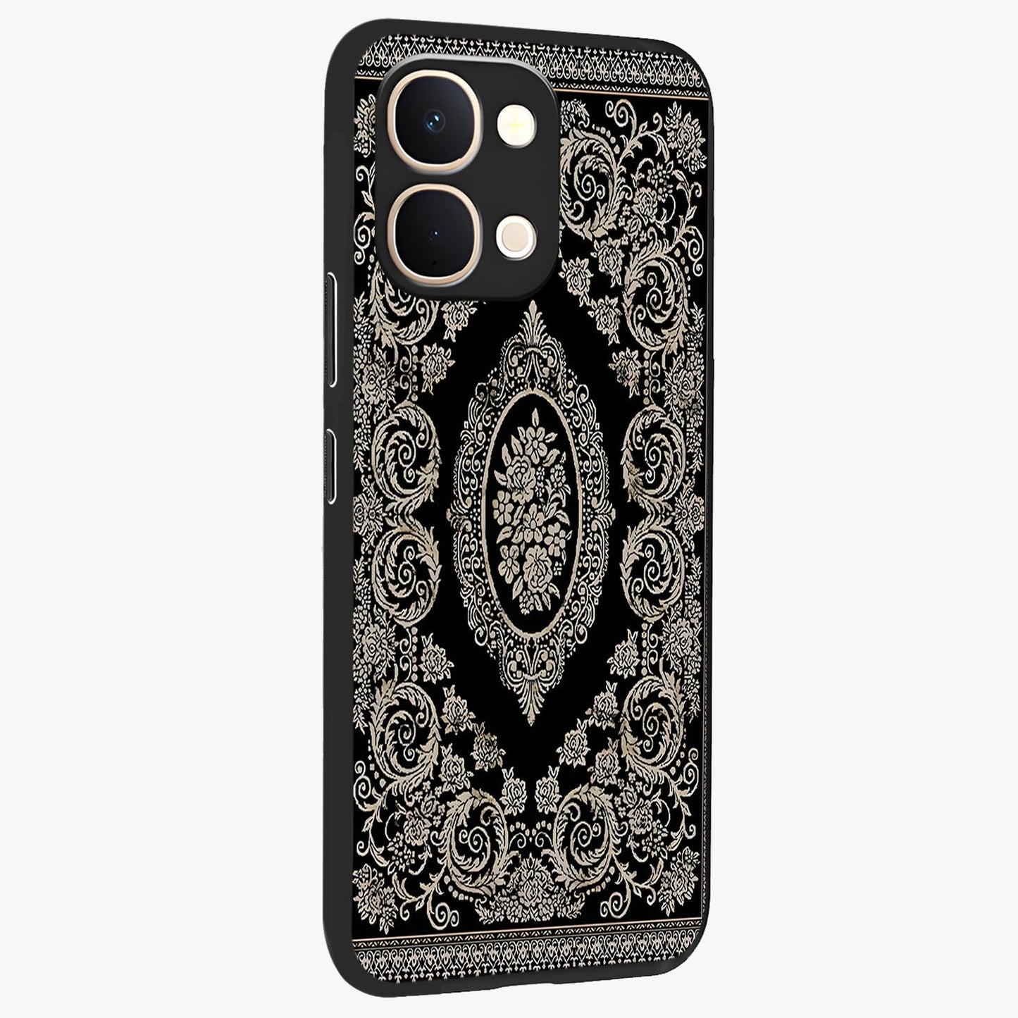 Noir Bloom Elegance Glass Case upright view showcasing graceful floral artwork with luxurious dark theme.