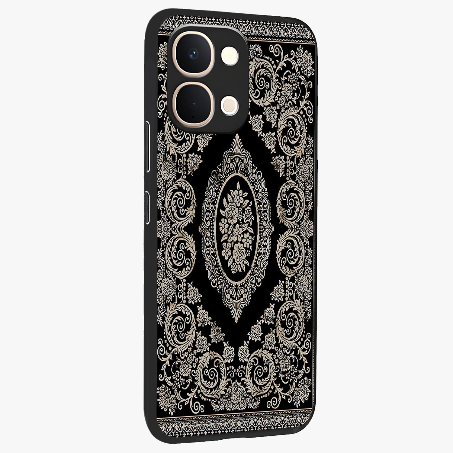 Noir Bloom Elegance Glass Case upright view showcasing graceful floral artwork with luxurious dark theme.