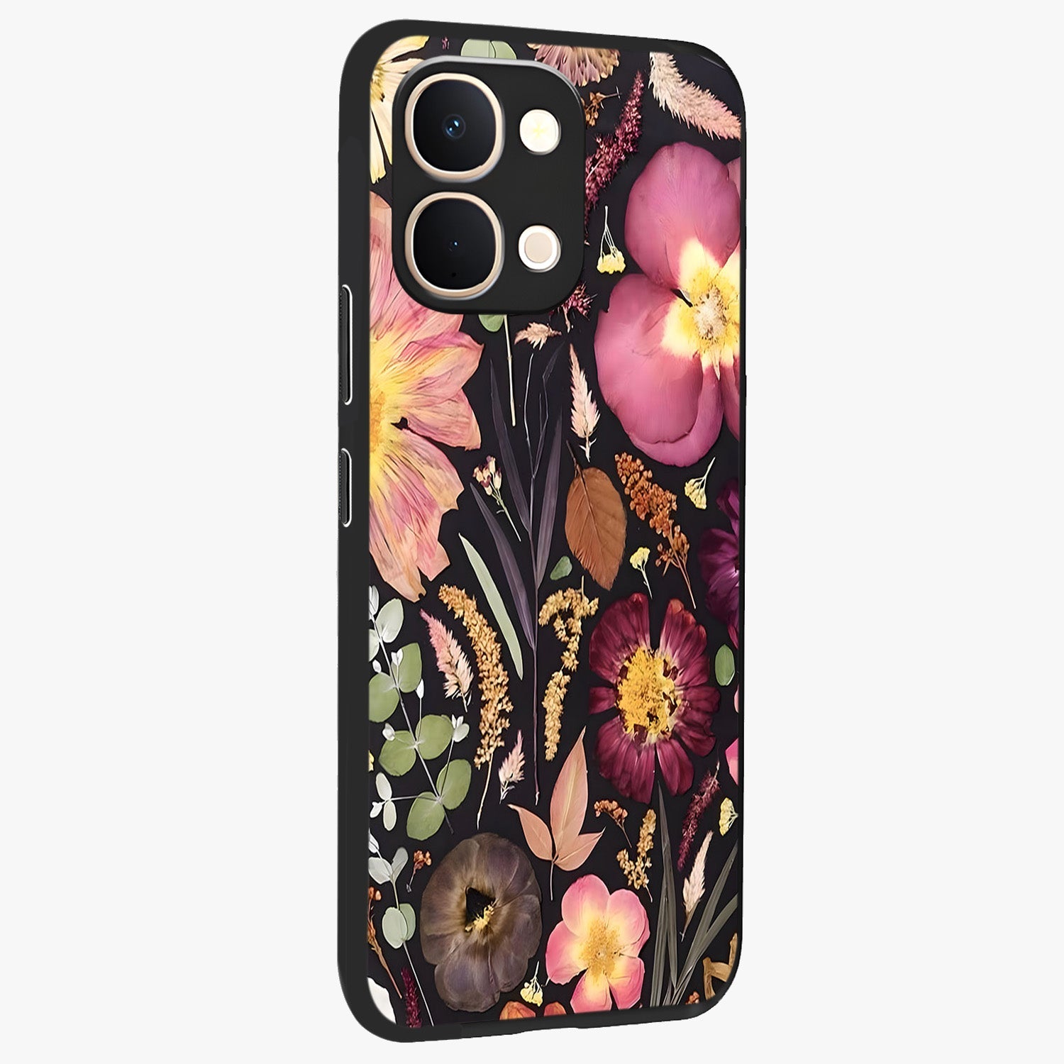 Petal Dream Tapestry Glass Case upright view showcasing detailed floral tapestry artwork with artistic nature theme.