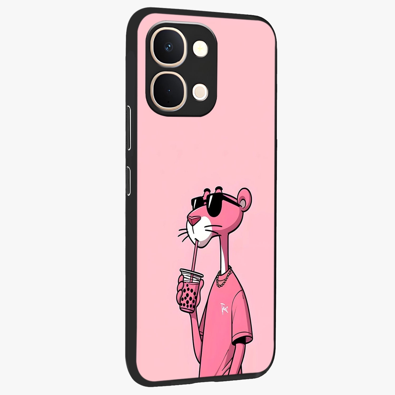 Pink Panther Glass Case upright view showcasing fun animated artwork with stylish retro cartoon theme.