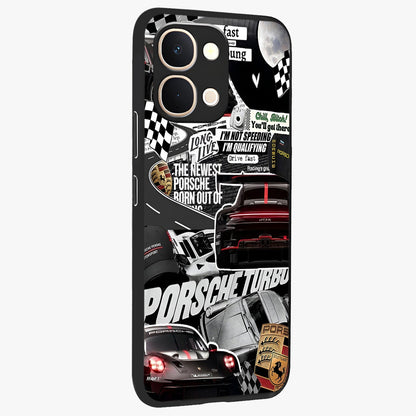 Porsche Racing Collage Glass Case upright view showcasing energetic car collage artwork with high speed racing theme.