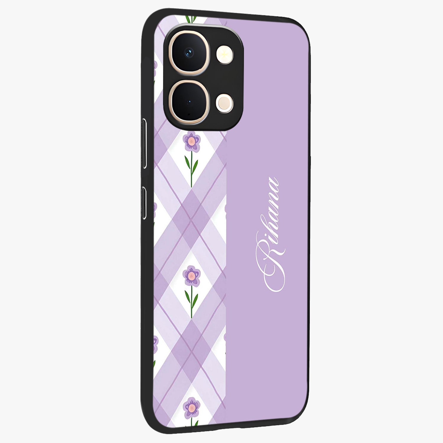 Purple Diamond Floral Glass Case upright view showcasing vibrant floral artwork with stylish geometric theme.