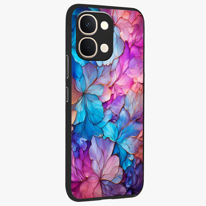 Radiant Floral Whirl Glass Case upright view showcasing lively floral artwork with decorative swirl theme.