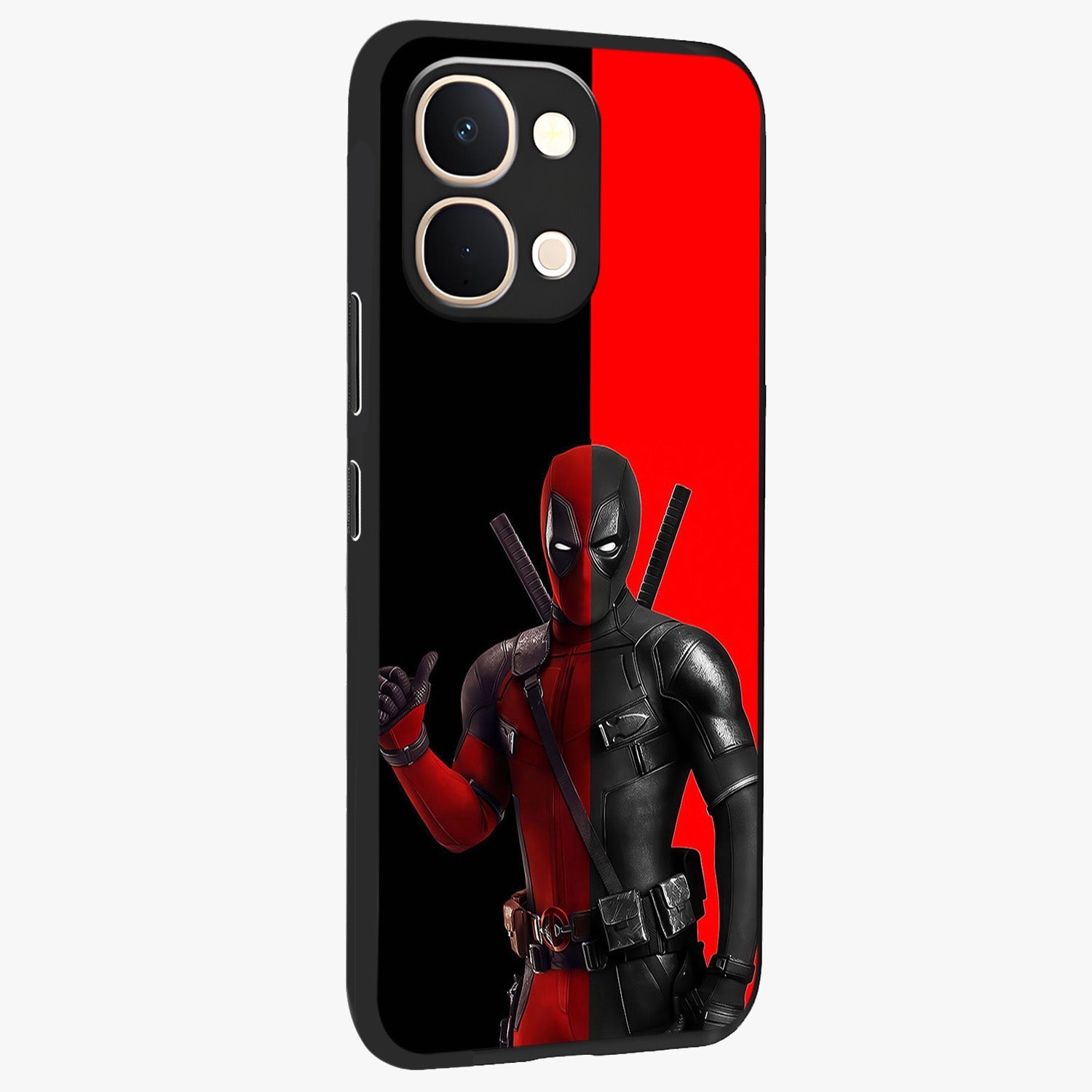 Red & Black Deadpool Theme Glass Case upright view showcasing energetic comic themed artwork with striking red and black design.