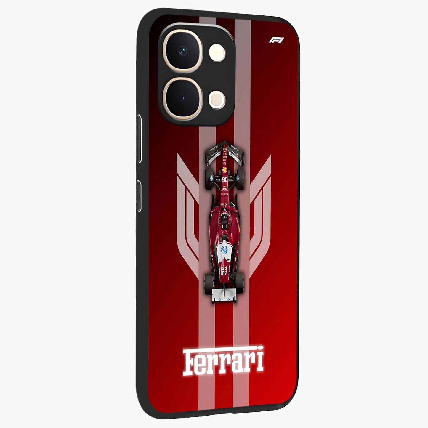 Red Ferrari F1 Vertical Glass Case upright view showcasing powerful Formula car artwork with dynamic motorsport theme.