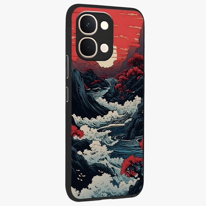 Red Sunset Scenery Glass Case upright view showcasing dramatic sunset scenery artwork with warm nature theme.