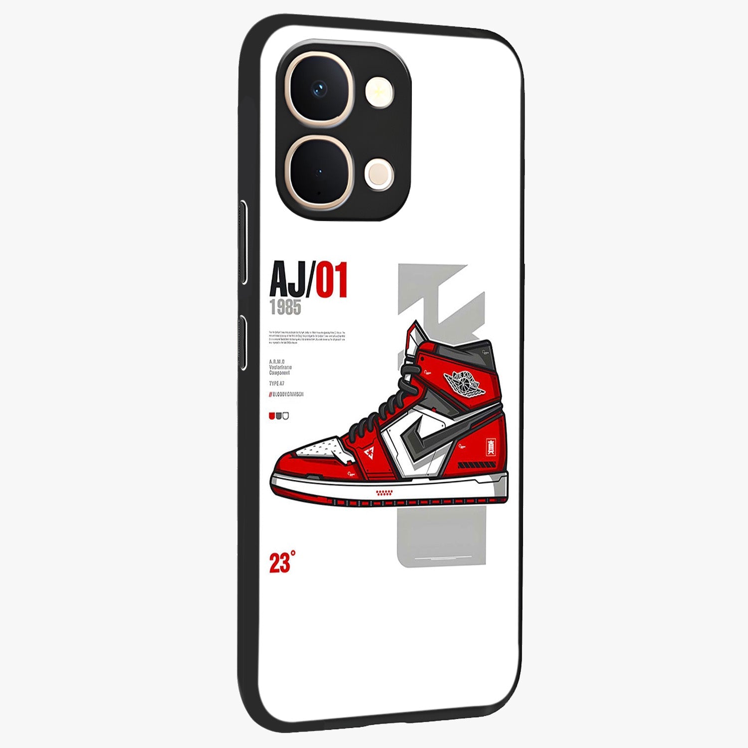 Retro Sneaker Blueprint Glass Case upright view showcasing stylish sneaker illustration with vintage streetwear theme.