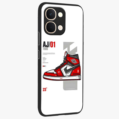 Retro Sneaker Blueprint Glass Case upright view showcasing stylish sneaker illustration with vintage streetwear theme.