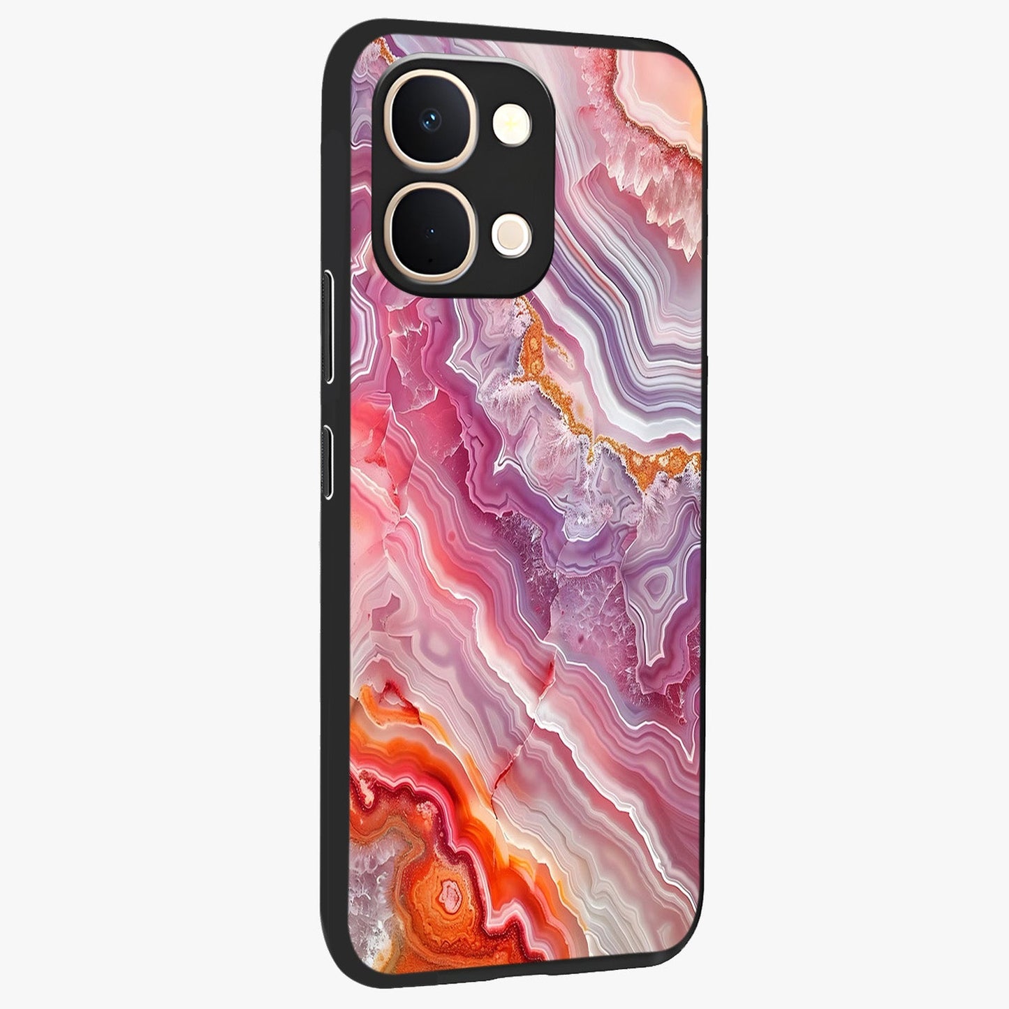 Rose Quartz Marble Glass Case upright view showcasing decorative marble artwork with luxurious pastel theme.