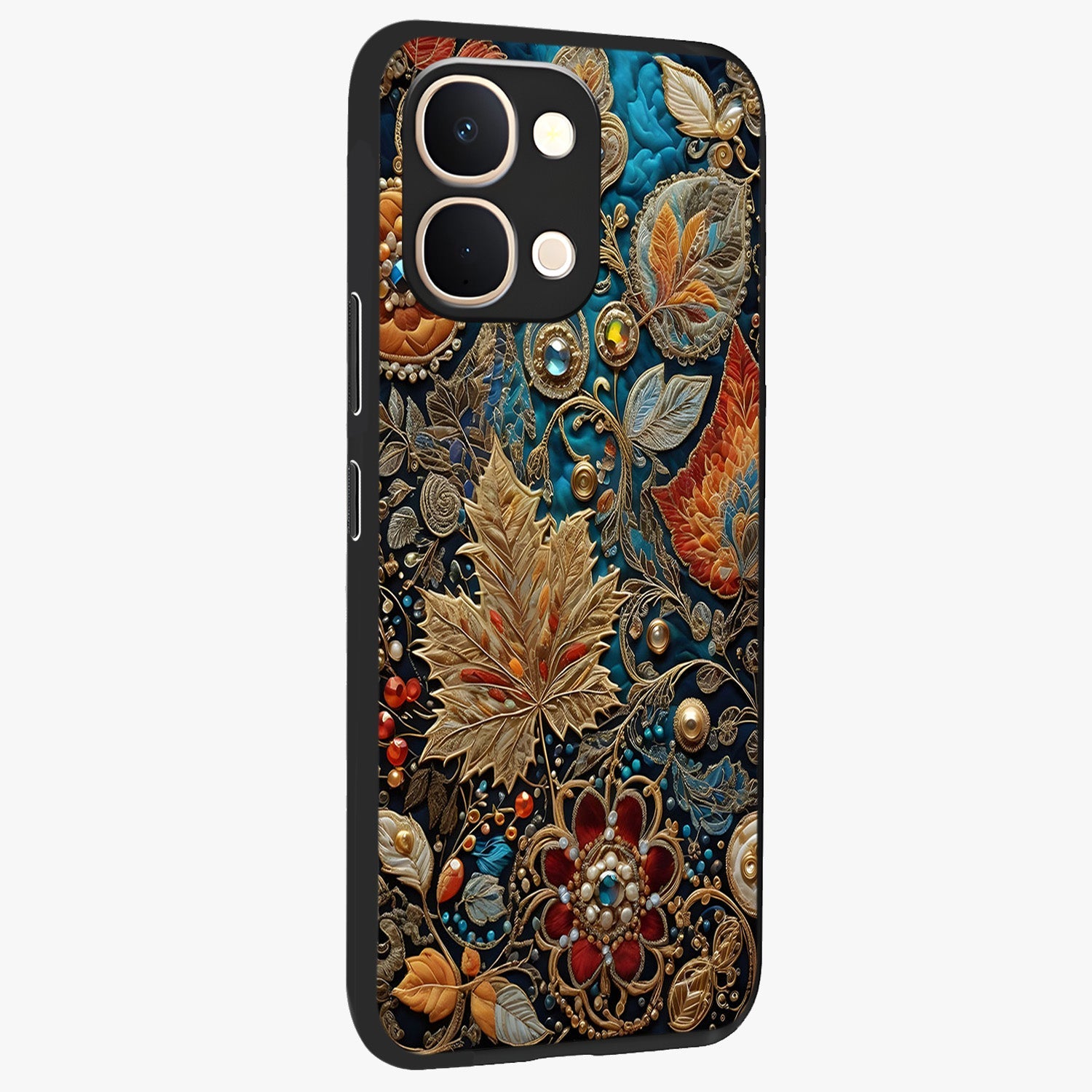 Royal Jewel Garden Glass Case upright view showcasing rich floral artwork with luxurious garden theme.
