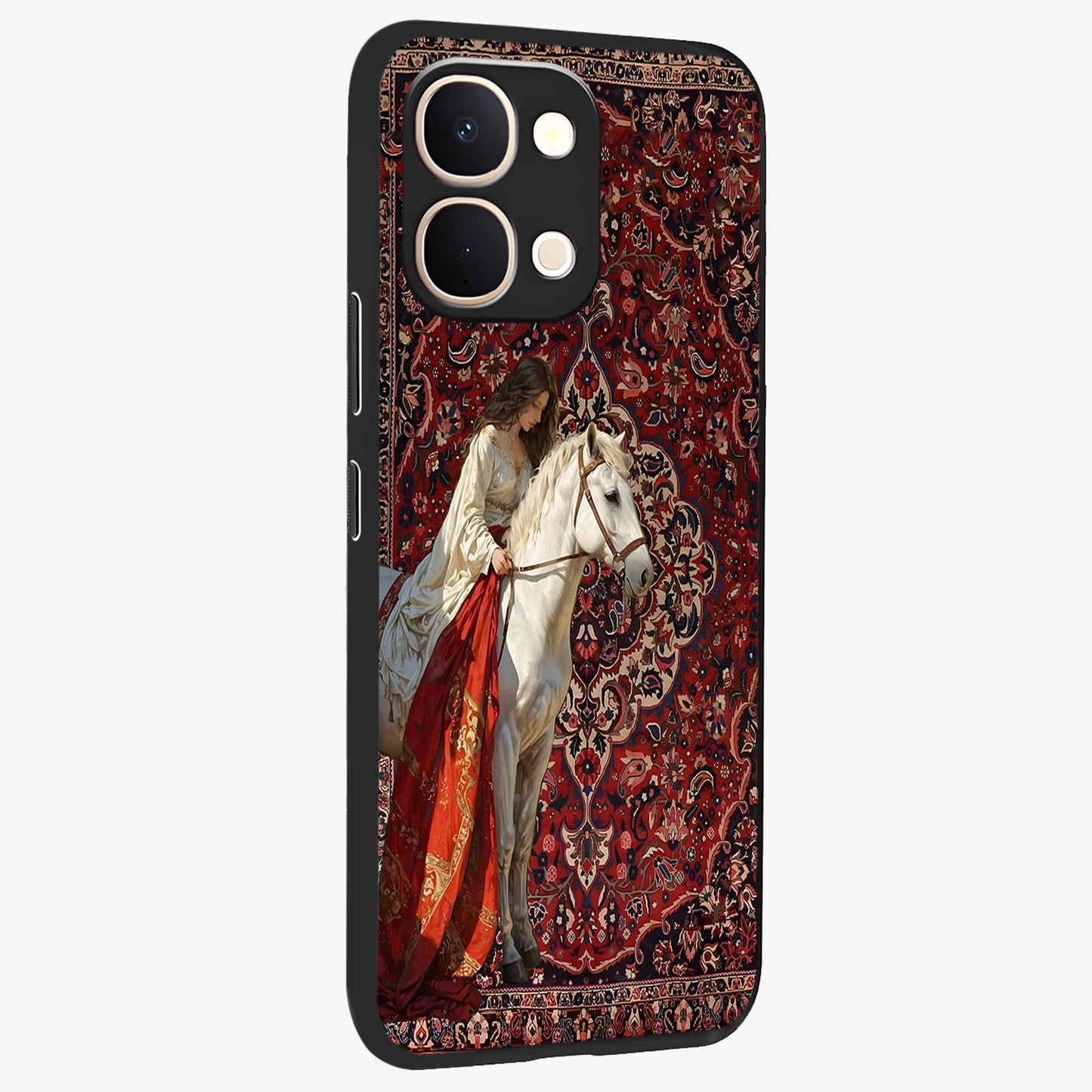 Royal Rider Tapestry Glass Case upright view showcasing detailed rider artwork with classic tapestry theme.