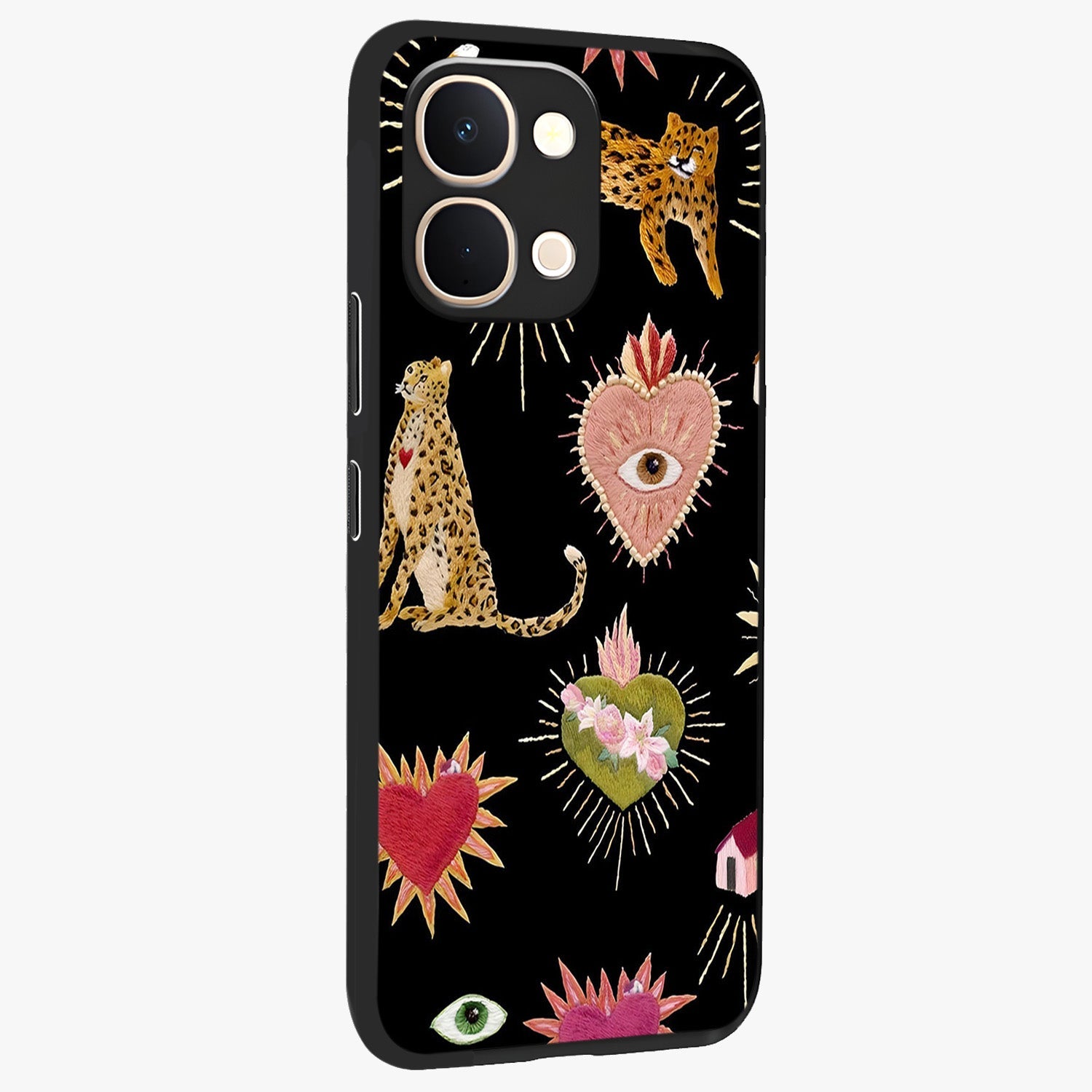 Sacred Jungle Heart Glass Case upright view showcasing vibrant jungle artwork with symbolic heart theme.