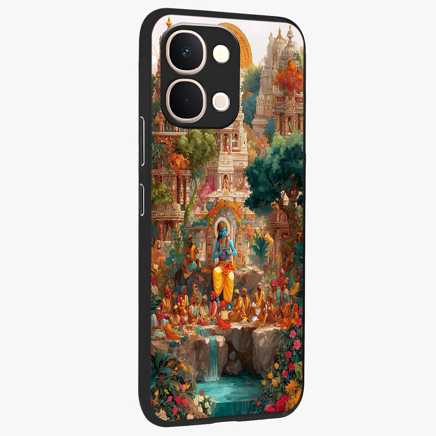 Sacred Sunlight Gods Glass Case upright view showcasing glowing divine artwork with sacred mythological theme.