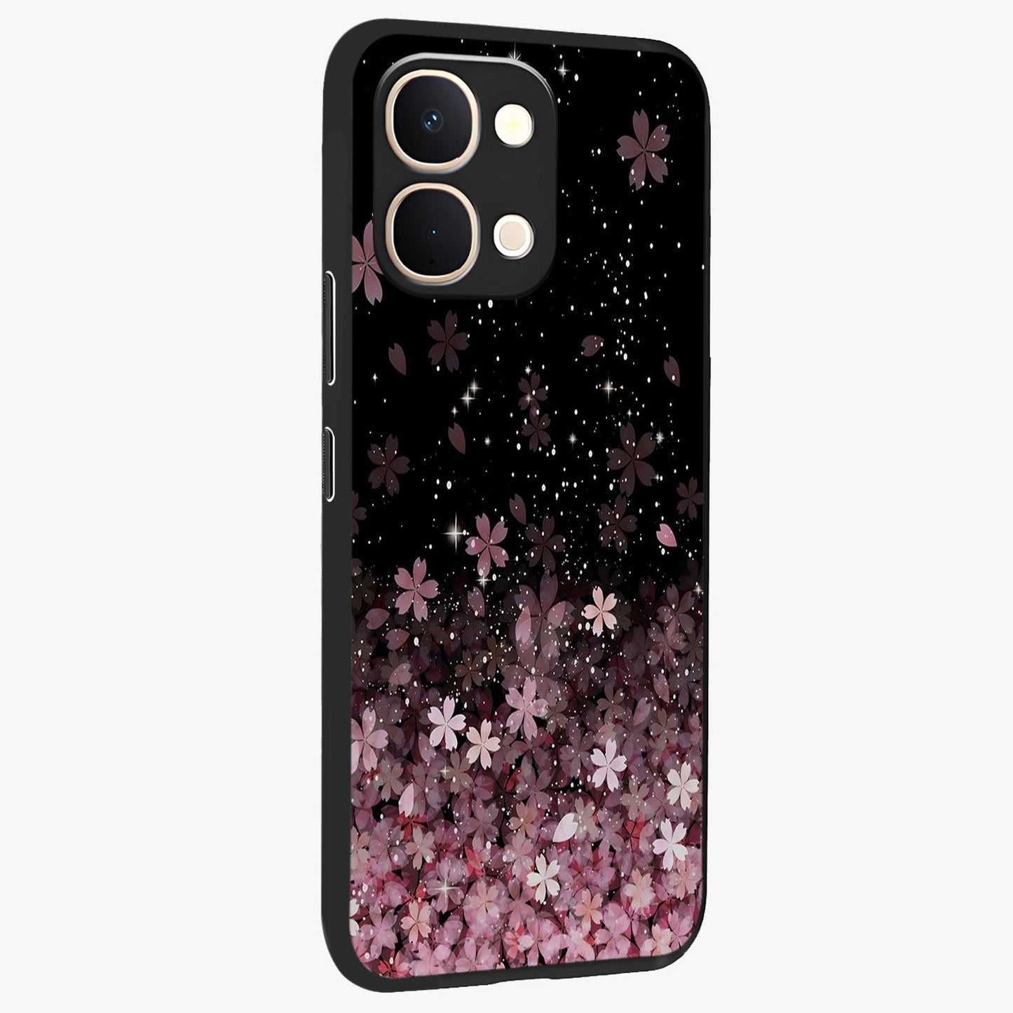 Small Starry Flowers Glass Case upright view showcasing charming floral artwork with dreamy starry theme.