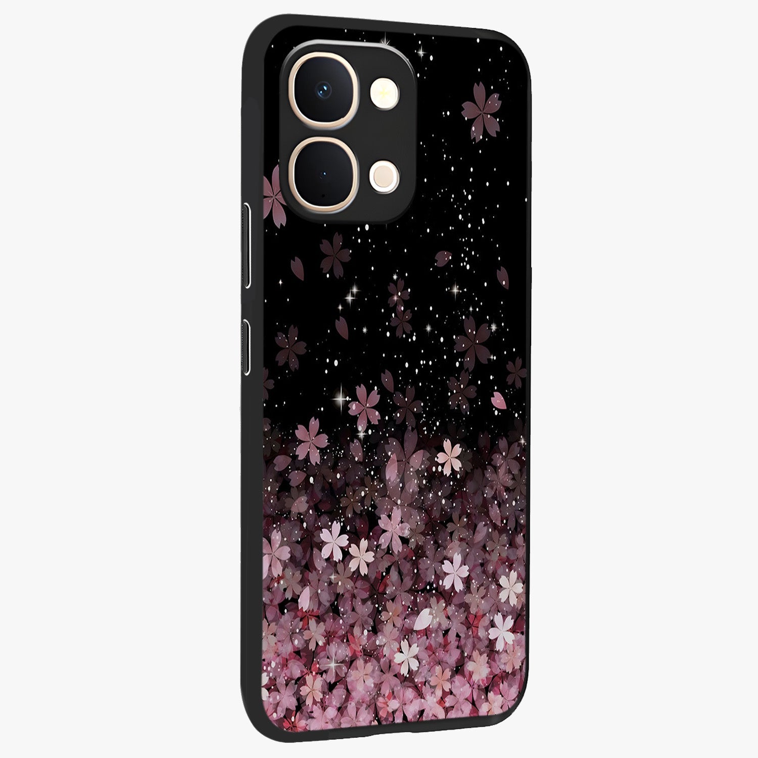 Small Starry Flowers Glass Case upright view showcasing charming floral artwork with dreamy starry theme.