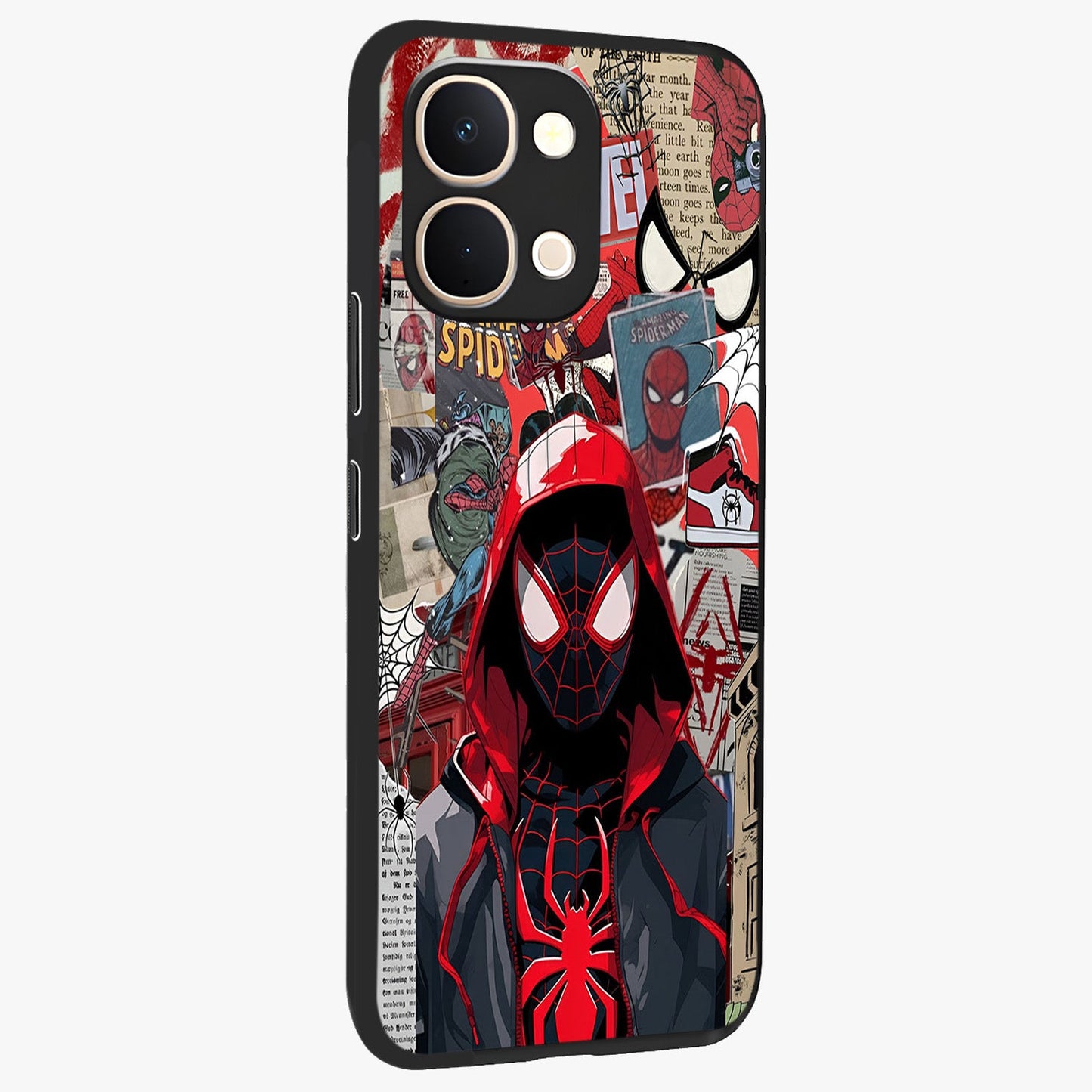 Spider Collage Street Glass Case upright view showcasing bold superhero artwork with urban street theme.
