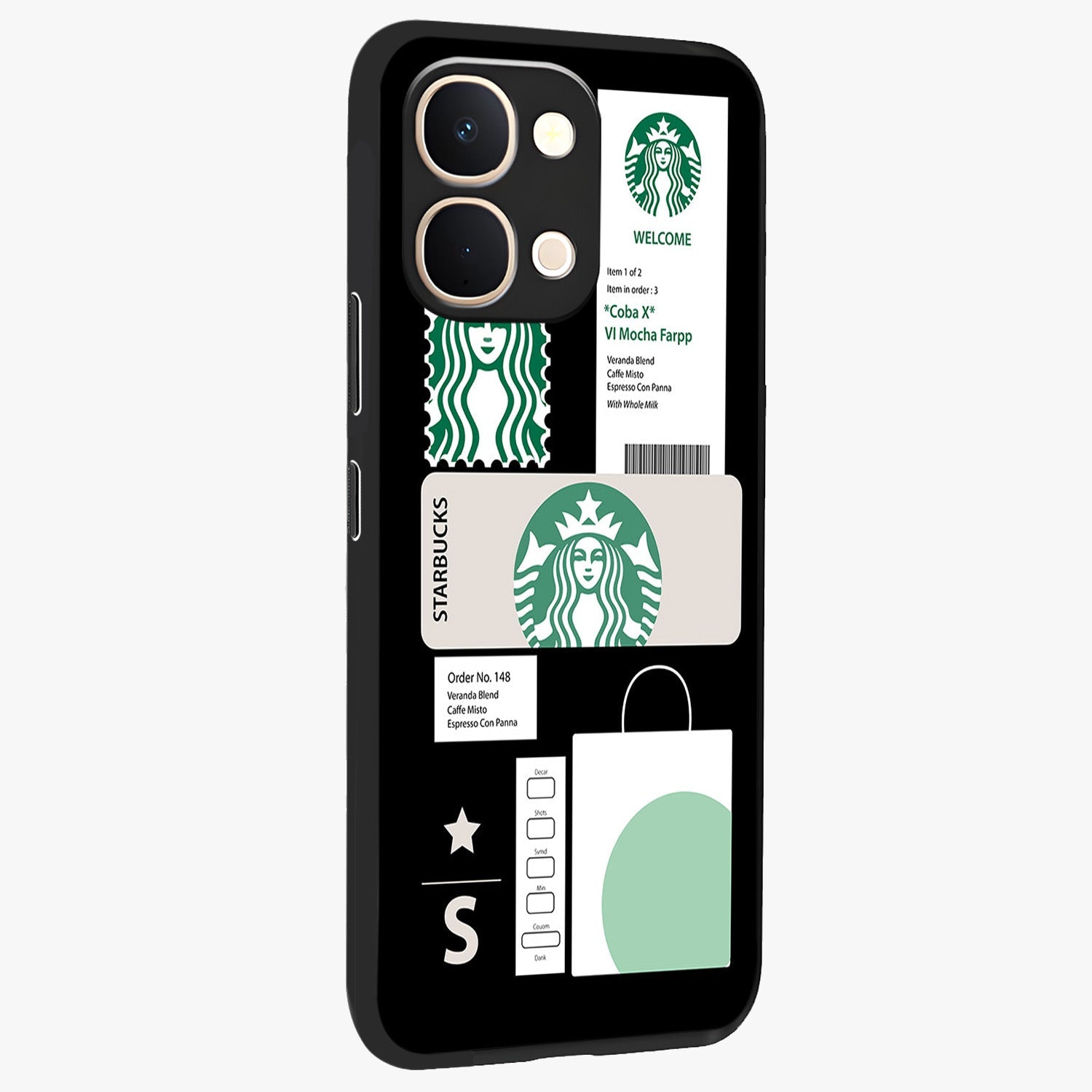 Starbucks Mocha Glass Case upright view showcasing trendy coffee inspired artwork with modern lifestyle theme.