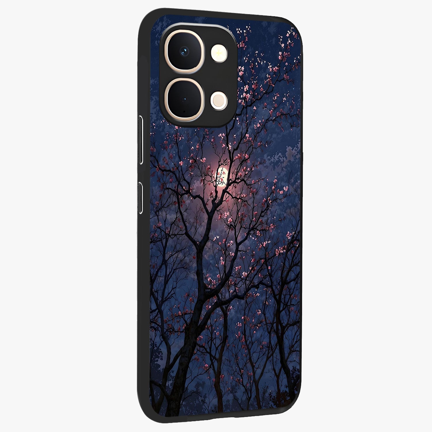Twilight Sakura Serenade Glass Case upright view showcasing beautiful cherry blossom artwork with serene evening theme.