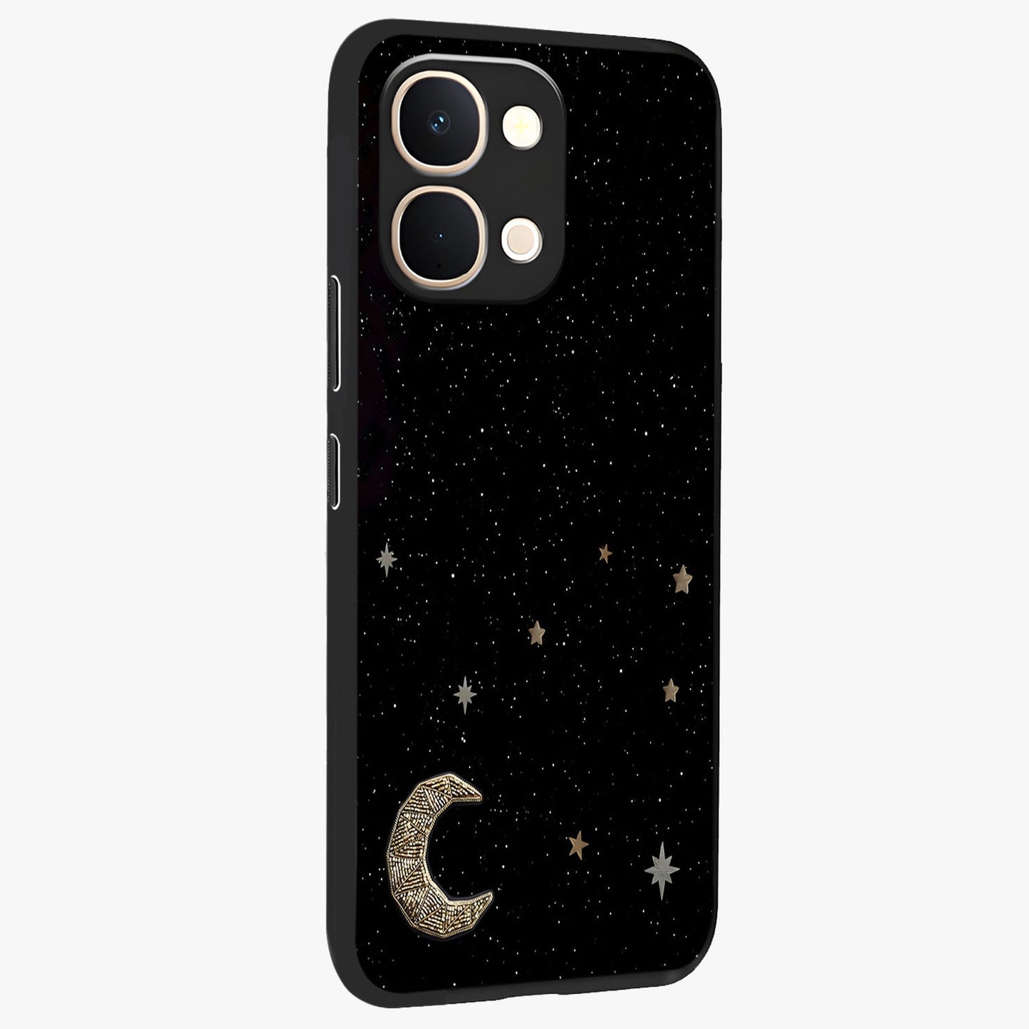 Twinkle Star With Half Moon Glass Case upright view showcasing glowing cosmic artwork with dreamy night theme.