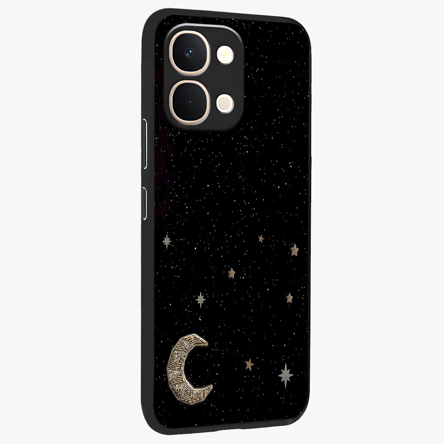 Twinkle Star With Half Moon Glass Case upright view showcasing glowing cosmic artwork with dreamy night theme.