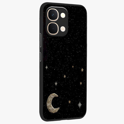 Twinkle Star With Half Moon Glass Case upright view showcasing glowing cosmic artwork with dreamy night theme.