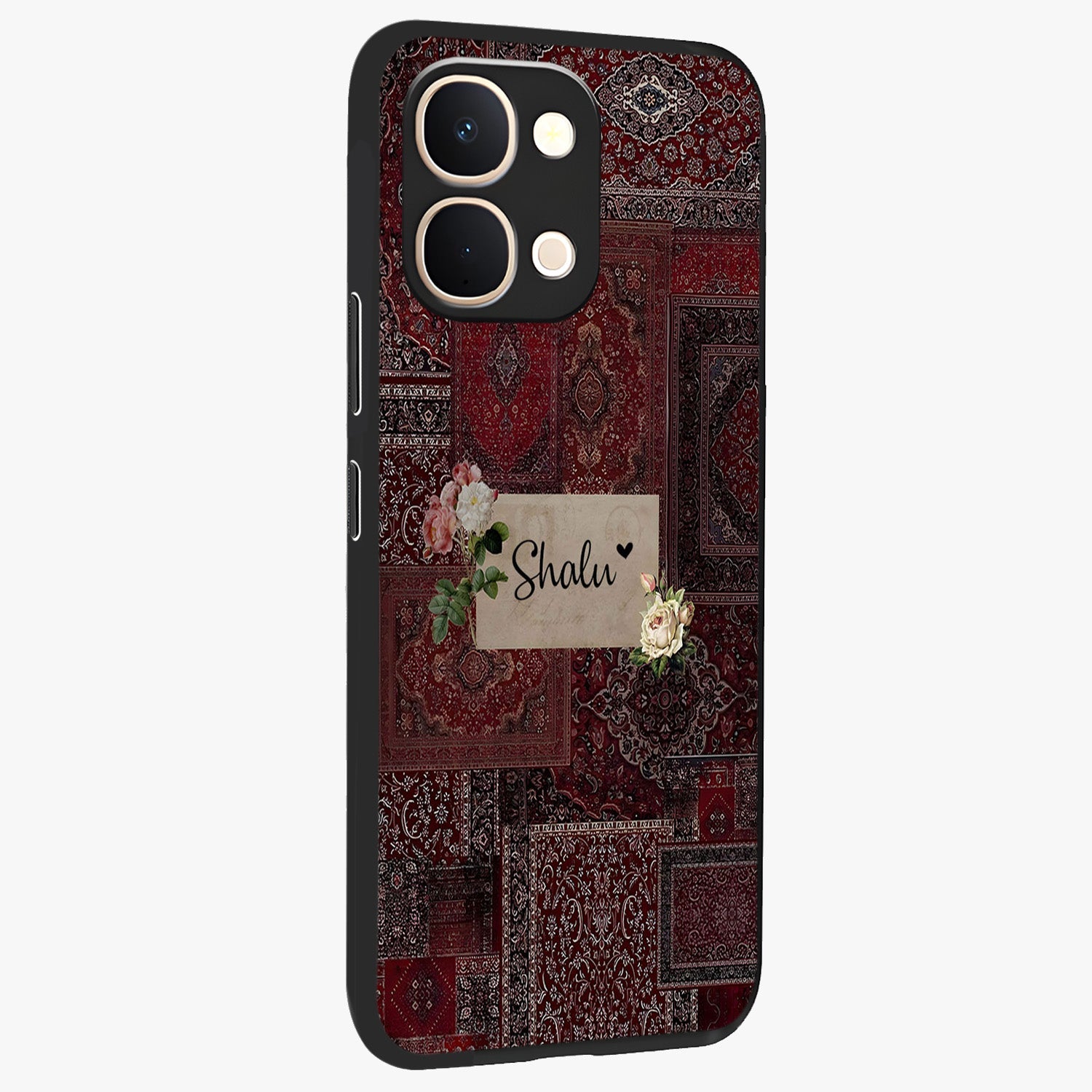 Velvet Wine Pattern Custom Name Glass Case upright view showcasing luxurious wine toned artwork with personalized aesthetic.