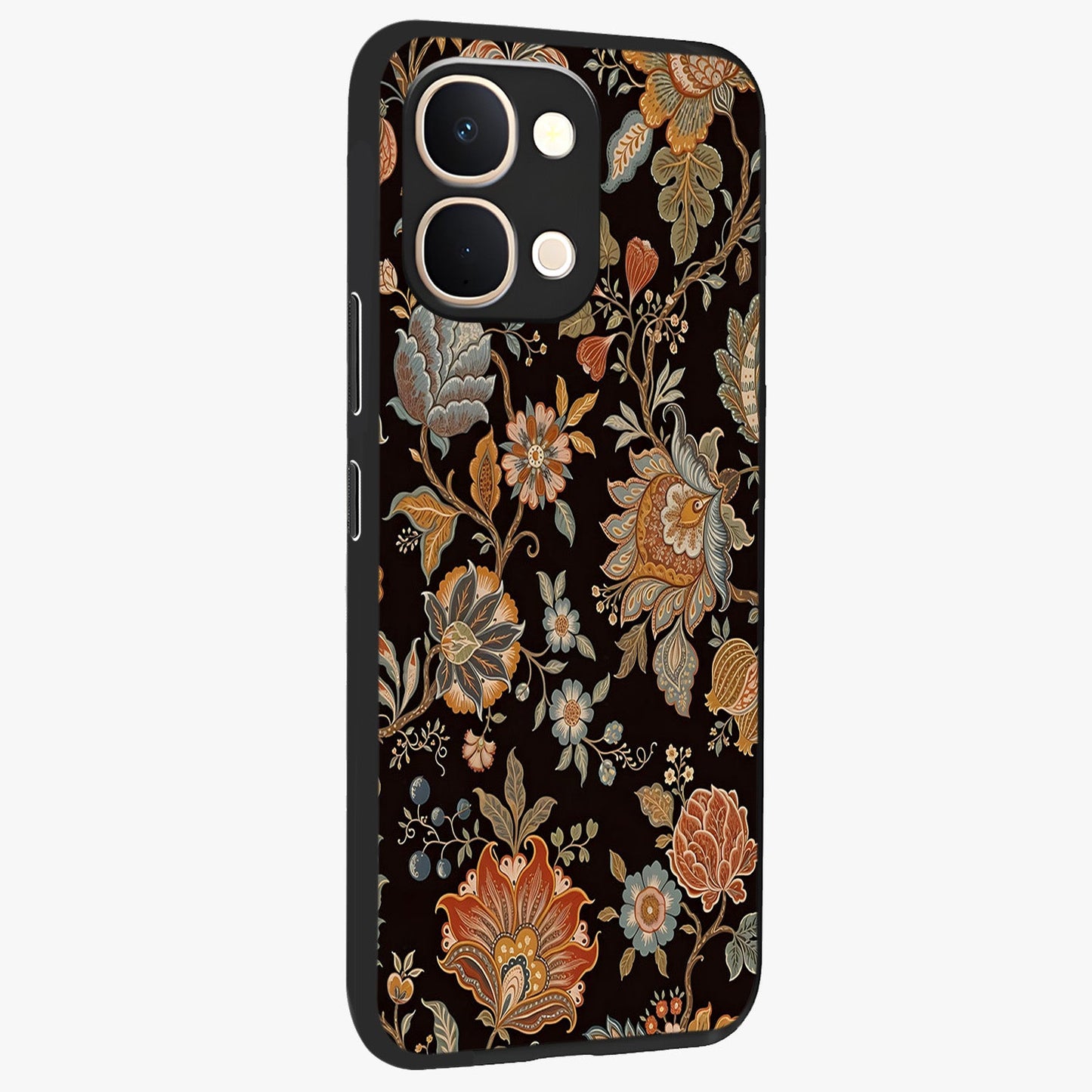 Vintage Floral Dream Glass Case upright view showcasing delicate floral artwork with timeless vintage theme.