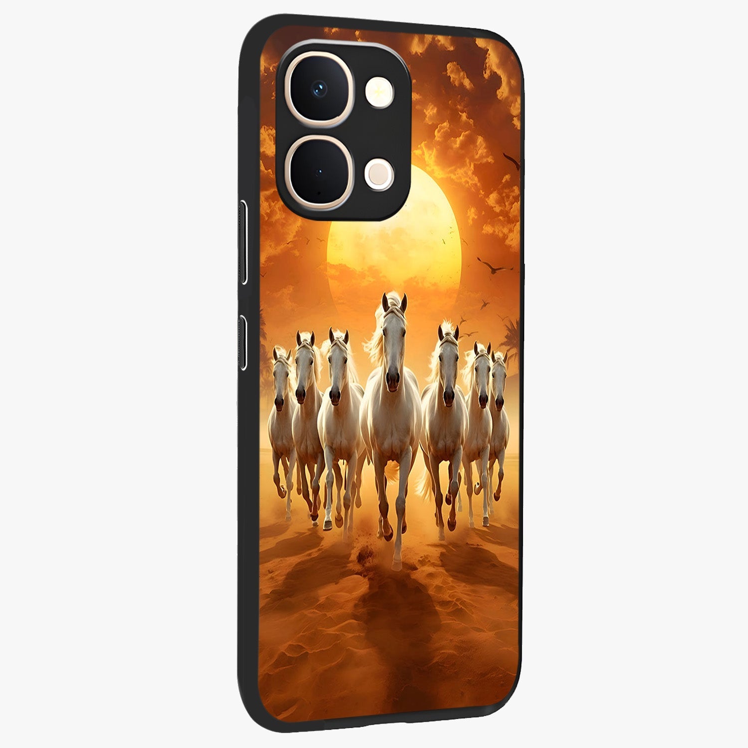 Wild Sunset Majesty Glass Case upright view showcasing dramatic sunset artwork with bold nature theme.