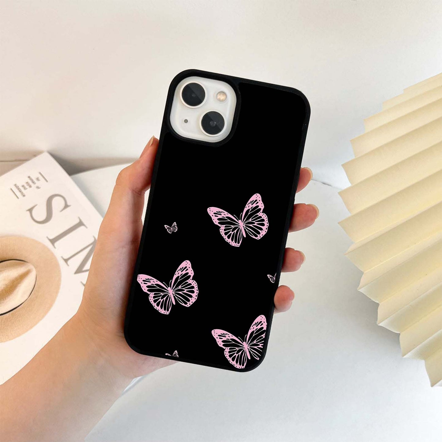 Pink Butterflies on Black Glass Case