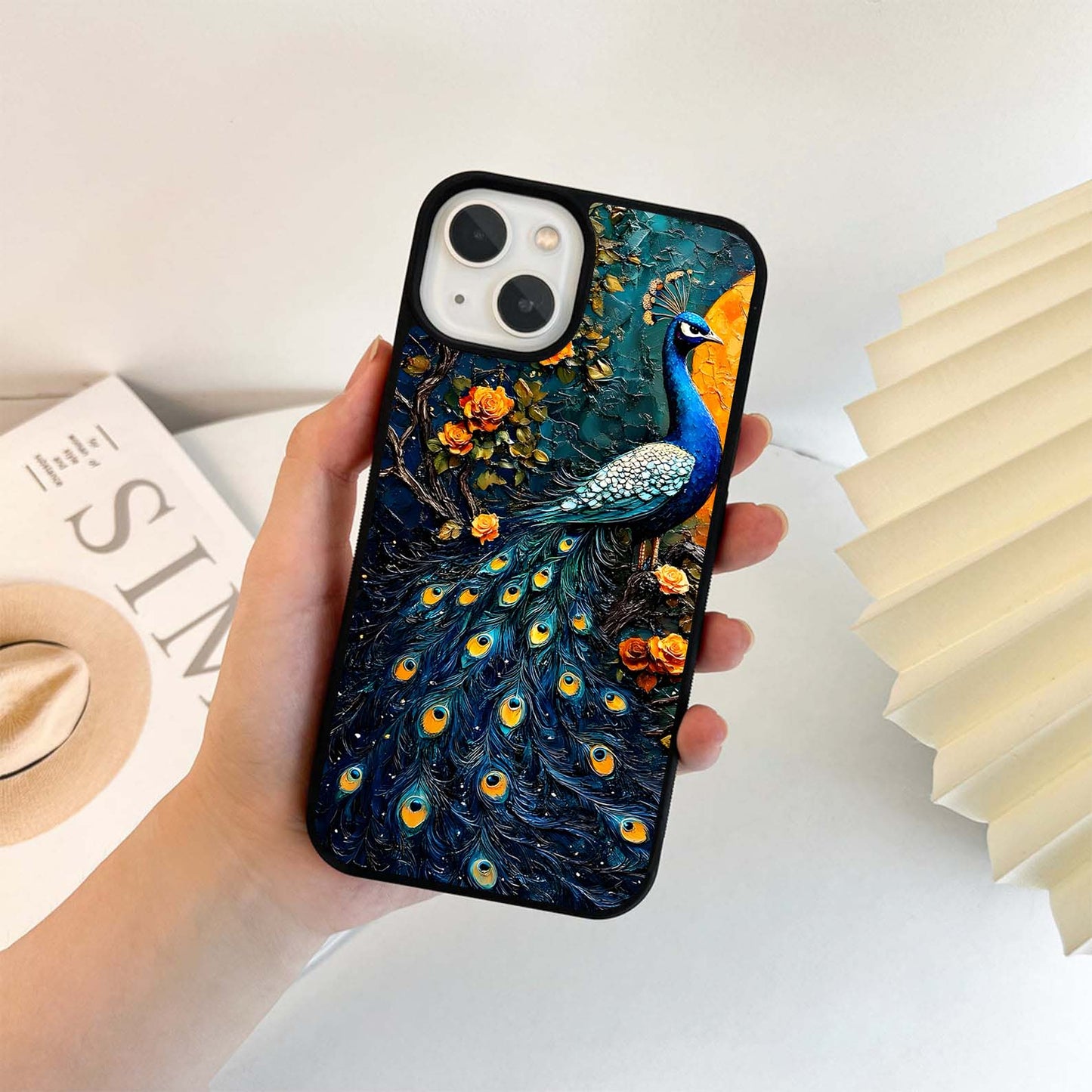 Peacock with Yellow Moon Glass Case