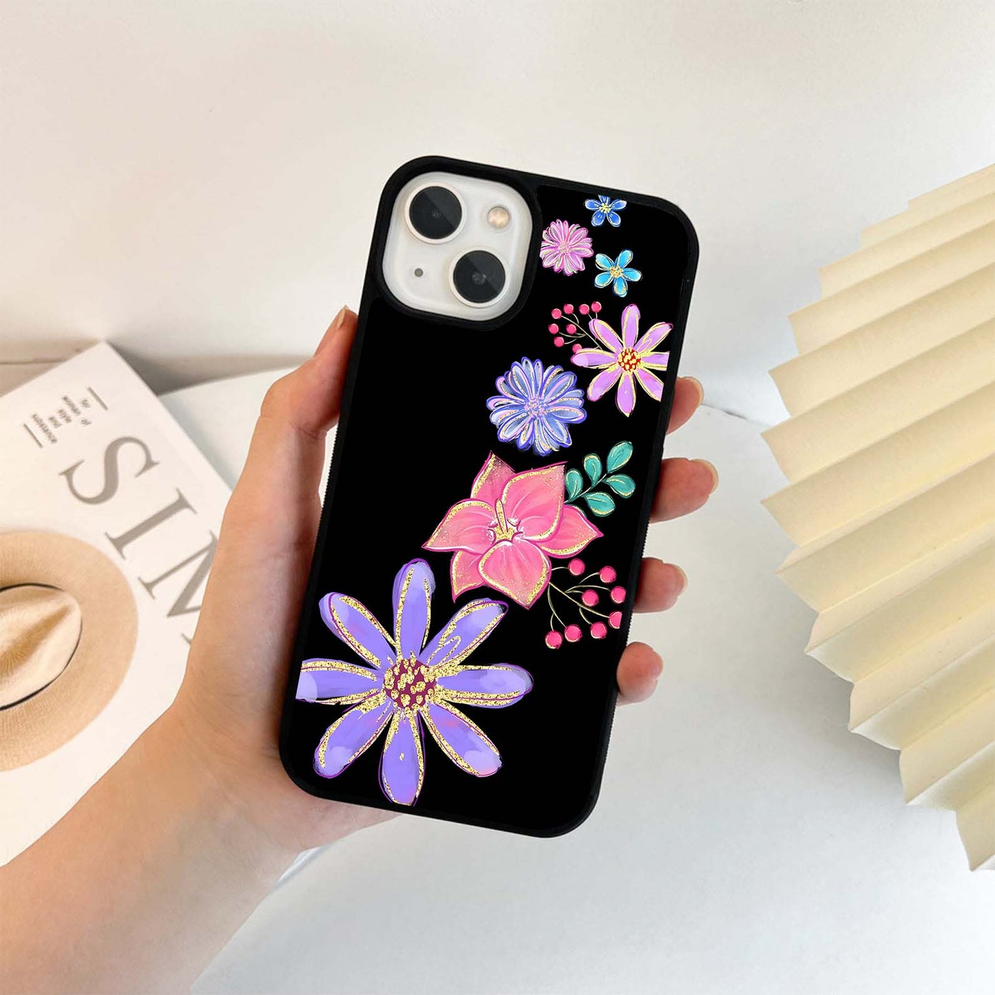 Colorful Glitter Flowers on Black Glass Case